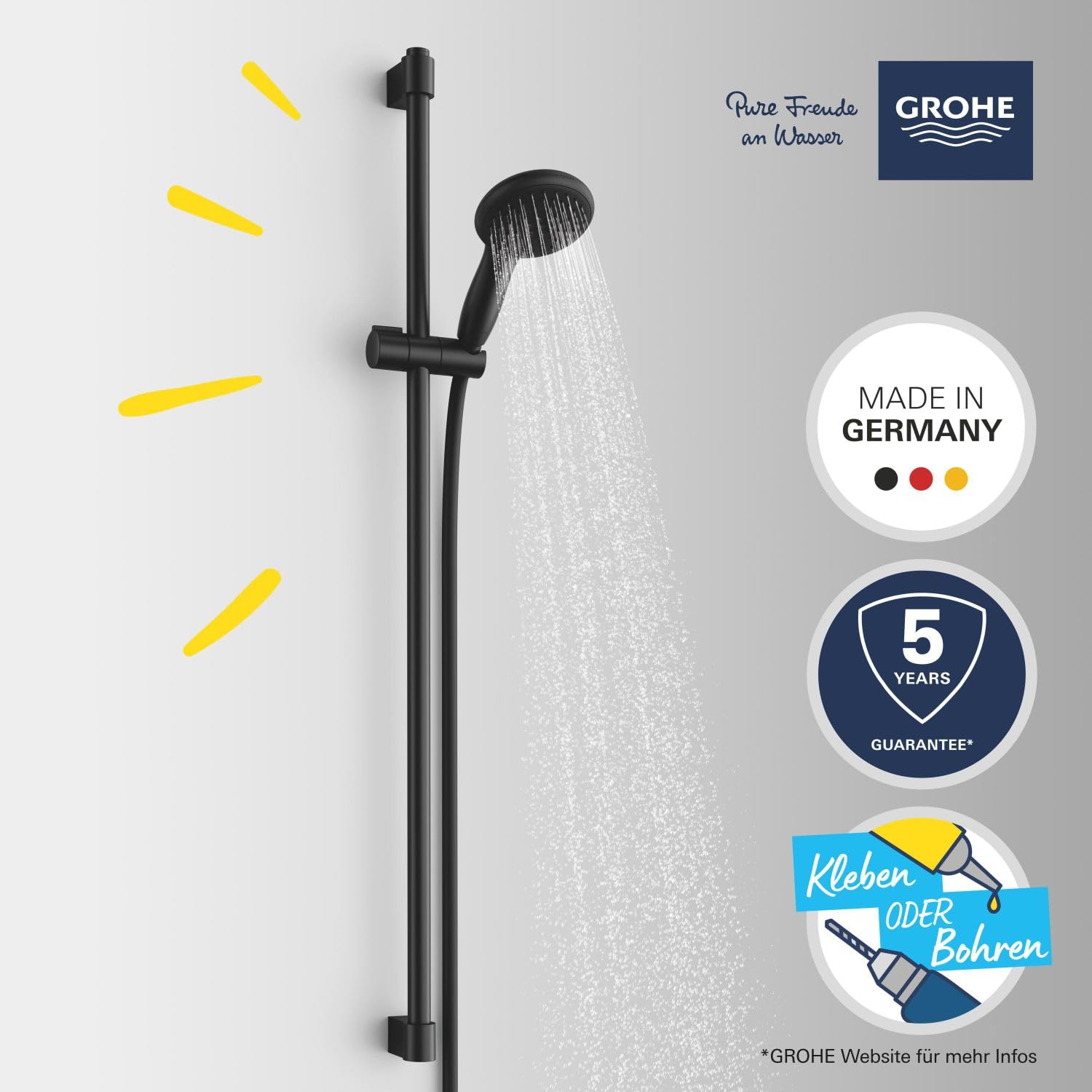 GROHE Vitalio 110, Duschset wassersparend, 8l pro Min (Duschstangenset mit: Duschkopf 2 Strahlarten, 1,75m Schlauch, Duschstange 90cm, zum Kleben oder Bohren, ohne Kleber) rund, schwarz, 269542431