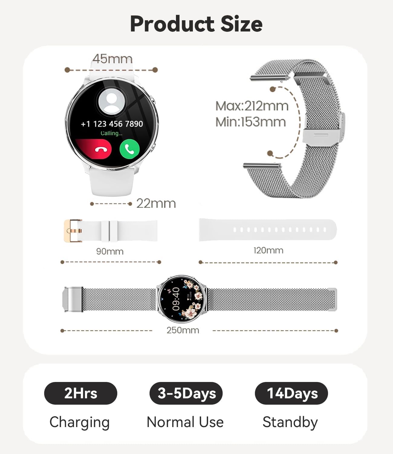 Smartwatch Damen mit Telefonfunktion 1,39 Zoll Always-on Display IP67 Wasserdicht Sportuhr Schlafmonitor Pulsuhr SpO2 Blutdruckmessung Schrittzähler für Android iOS