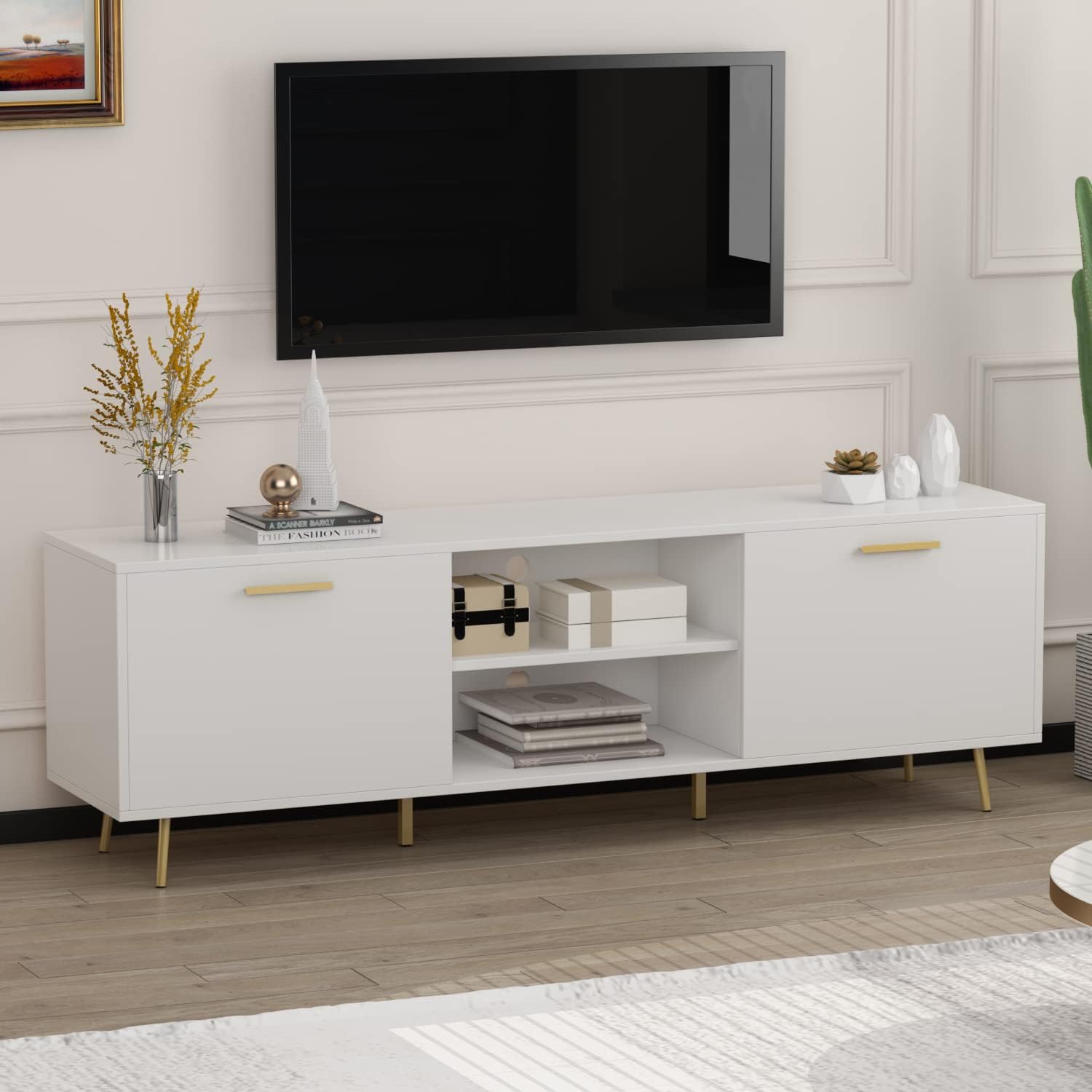 ECACAD Modern TV Stand for TVs up to 75 Inch, Entertainment Center TV Console Table with 2 Doors, 2 Open Shelves & Gold Metal Legs for Living Room, Bedroom, White (69”L x 15.6”W x 22.4”H)