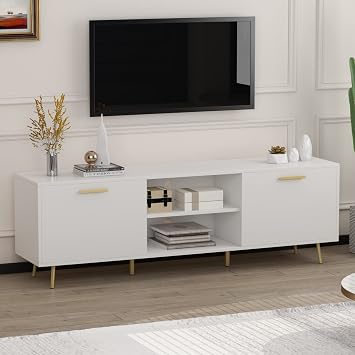 ECACAD Modern TV Stand for TVs up to 75 Inch, Entertainment Center TV Console Table with 2 Doors, 2 Open Shelves & Gold Metal Legs for Living Room, Bedroom, White (69L x 15.6W x 22.4H)
