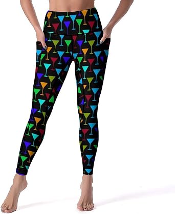 TQD Womens High Waisted Leggings Stretch Yoga Pants with Pockets Colorful Martini Glass Soft Workout Athletic Pant
