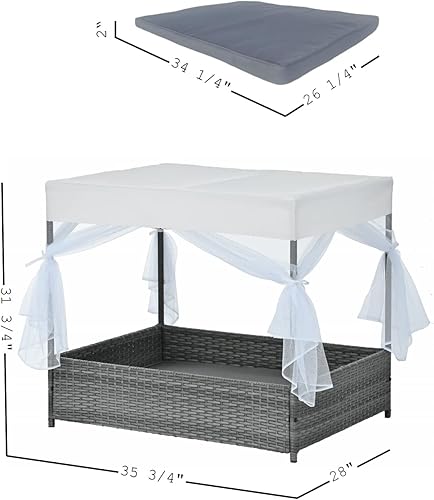 Miniatura 9 de Cama elevada para perros con toldo de cortina, cama duradera de mimbre de polietileno para mascotas para perros y gatos, muebles de patio para