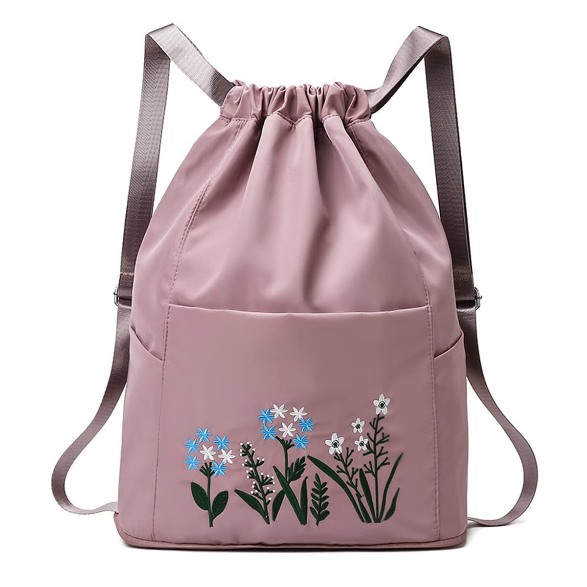 Krupanidhi Travel Drawstring Bag Waterproof Flower Print Foldable Embroidery Design Drawstring Backpack for Outdoor Lightweight Waterproof (pack of 1) (Pink)