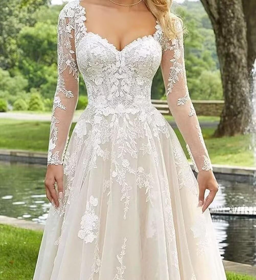 Long Sleeve Lace Wedding Dresses A-Line Tulle Bridal Dress with Train