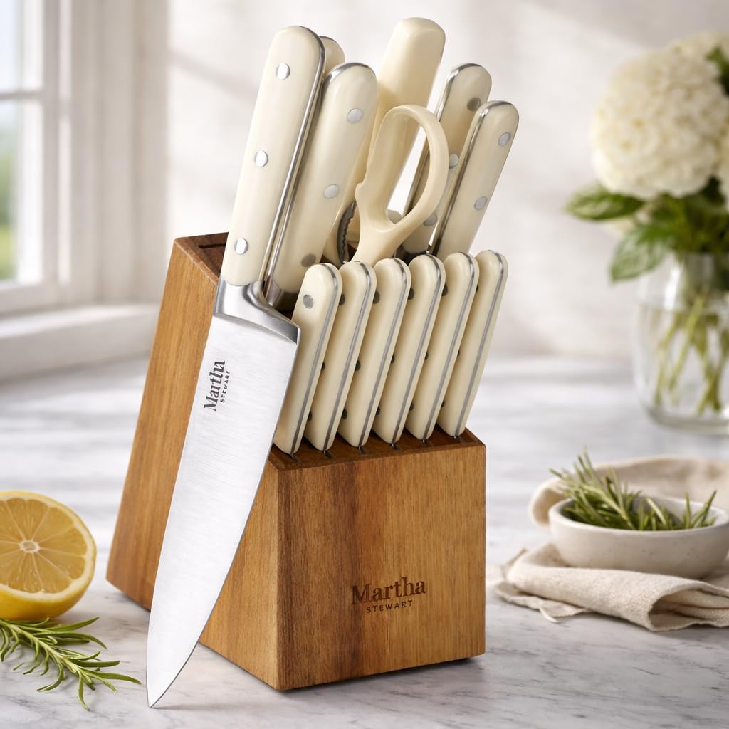MARTHA STEWART Eastwalk 14 Piece High Carbon Stainless Steel Cutlery Kitchen Knife Block Set w/ABS Triple Riveted Forged Handle Acacia Wood Block - Linen White - Image 3