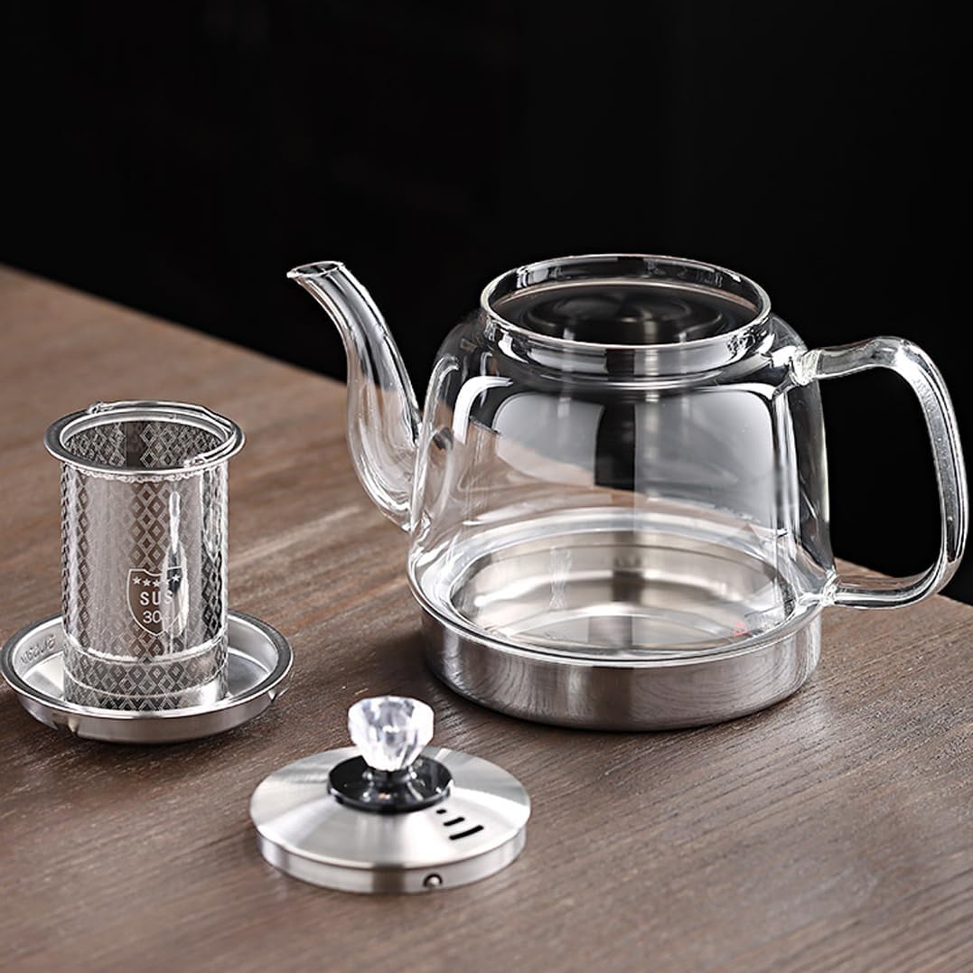 Induction Cooker Special Glass Teapot, Heat Resistant Borosilicate Glass Teapot With Stainless Steel Inner Filter for Loose Tea,tea Kettle Stovetop Clear Glass Flowe A-1.4L