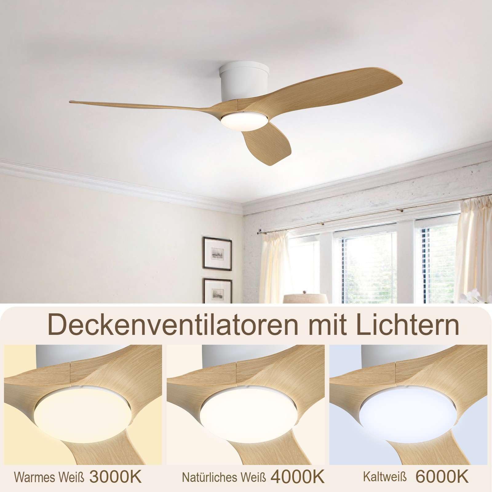 Ventilador de Techo DC con Luz LED, 6 Velocidades, Control Remoto, Motor Reversible Silencioso, 3 Aspas ABS para Hogar y Oficina