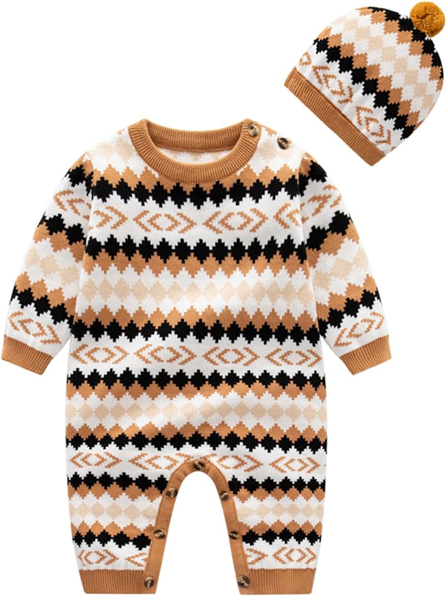 JunNeng Baby Newborn Cotton Knitted Sweater Romper Longsleeve Outfit with Warm Hat Set : Clothing, Shoes & Jewelry