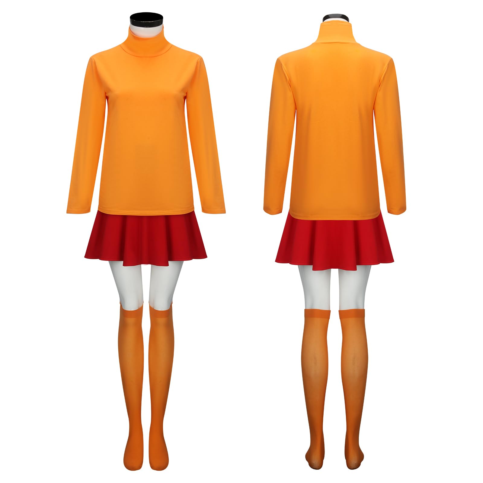 NUWIND Halloween Deluxe Adult Costume for Women,Brown Bob Wig,Orange Turtleneck Top,Red Skater Skirt,Magnifying Glass,Socks and Glasses Carnival Cosplay Fancy Dress (Orange - Image 4