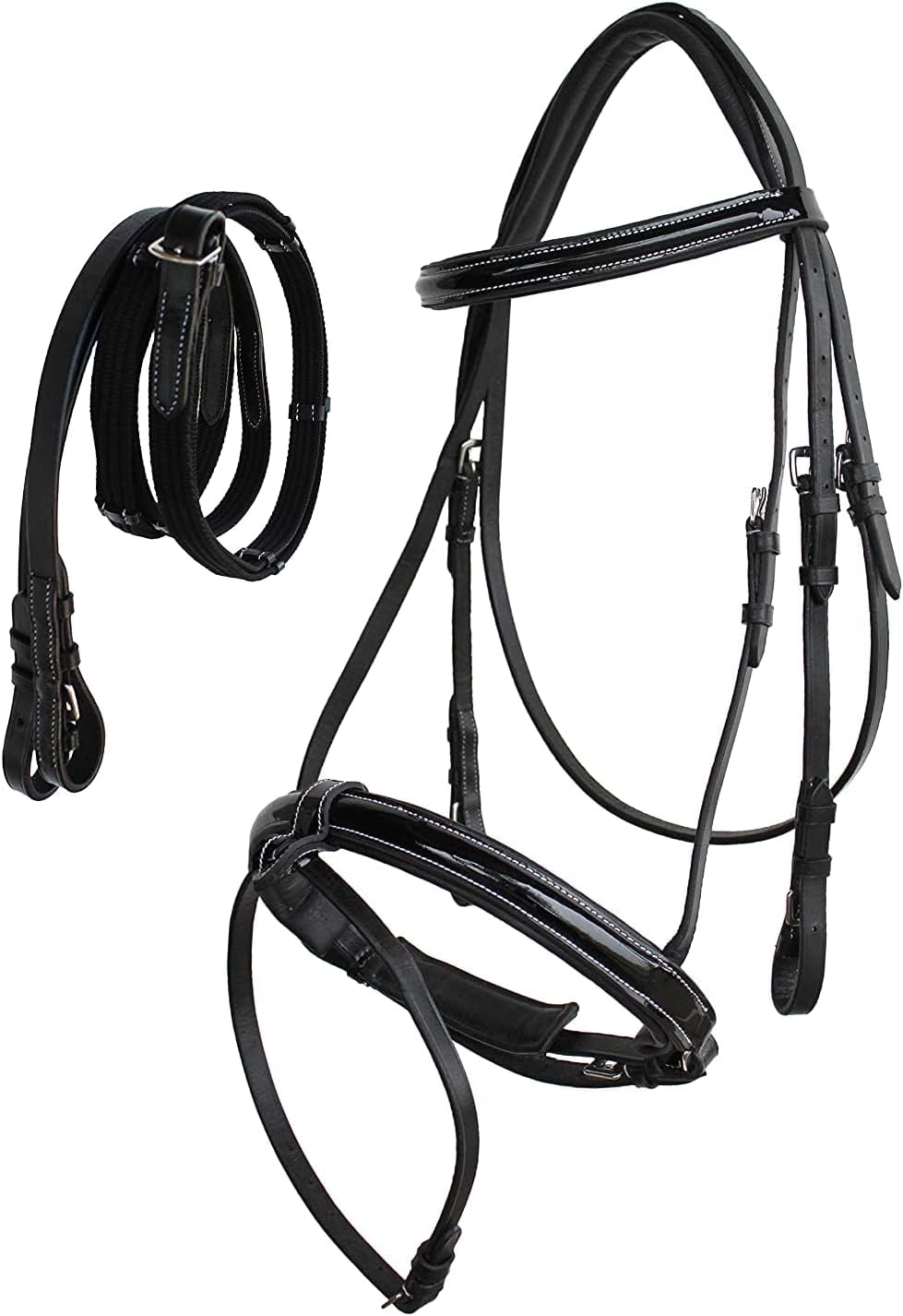 English Bridle Headstall Reins Leather Cowhide Genuine Horse Crossover Crossunder Raised Fancy Stitched Laced All Purpose Jumping Dressage Rubber Crystal Adjustable Browband Size:Full-Cob, M135