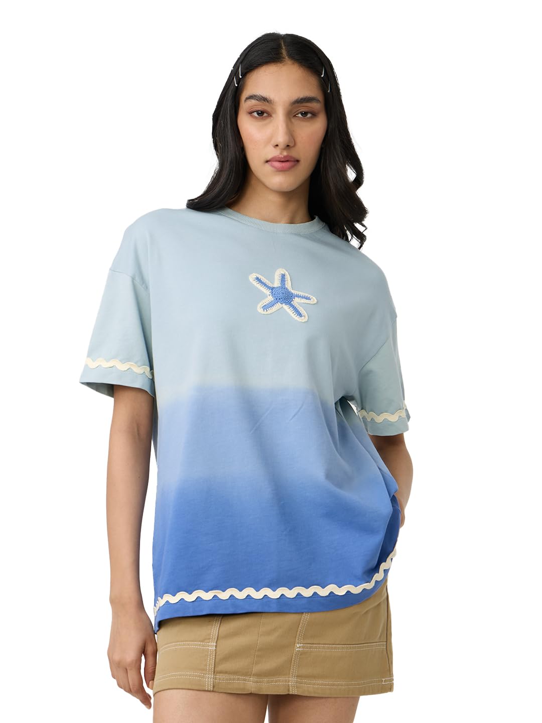 Sea Breeze Women and Girls Short Sleeves Round Neck Embellished Blue Cotton Oversized T-Shirts-image-42