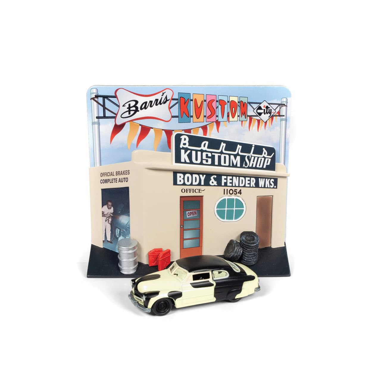 1949 Mercury Coupe Project Car with Barris Kustom Shop Facade Diorama Johnny Lightning 50th Anniversary 1/64 Diecast Model Car by Johnny Lightning