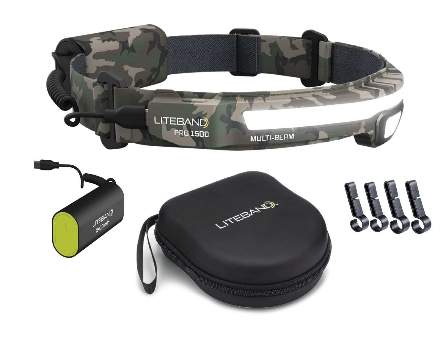Liteband PRO Bundle 1500 Lumens LED Headlamp Rechargeable Battery Powered, Bright Tactical Head Lamp Flashlight Hard Hat Light, Mechanic Lamps, Camping, Running, Best Rated For Forehead, Camo