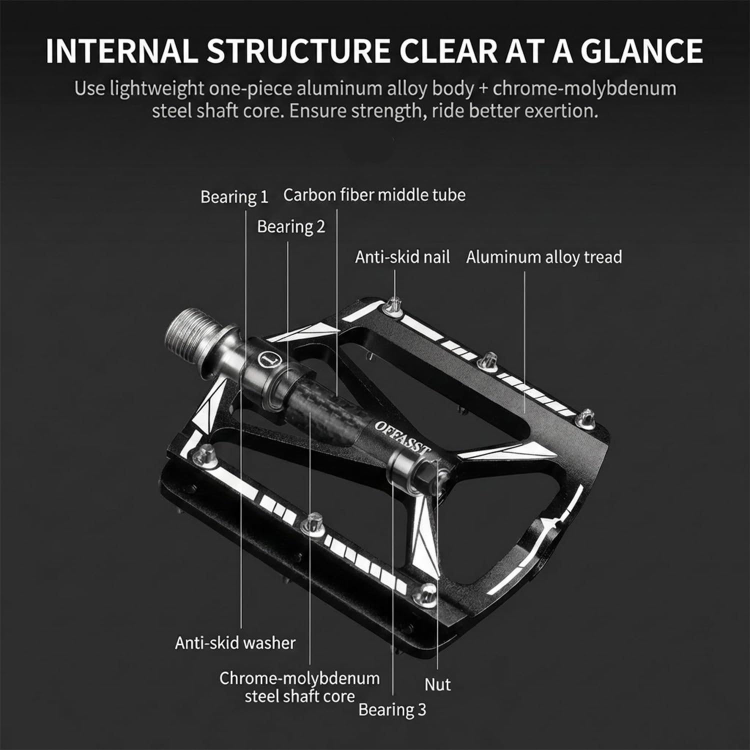 Pedales de bicicleta de montaña de carbono ultralichte 283 g, 3 rodamientos CNC de aluminio con tubo interior de carbono y eje Cr-Mo - 9/16" MTB/Road Bike Plataforma, 6 pines de acero