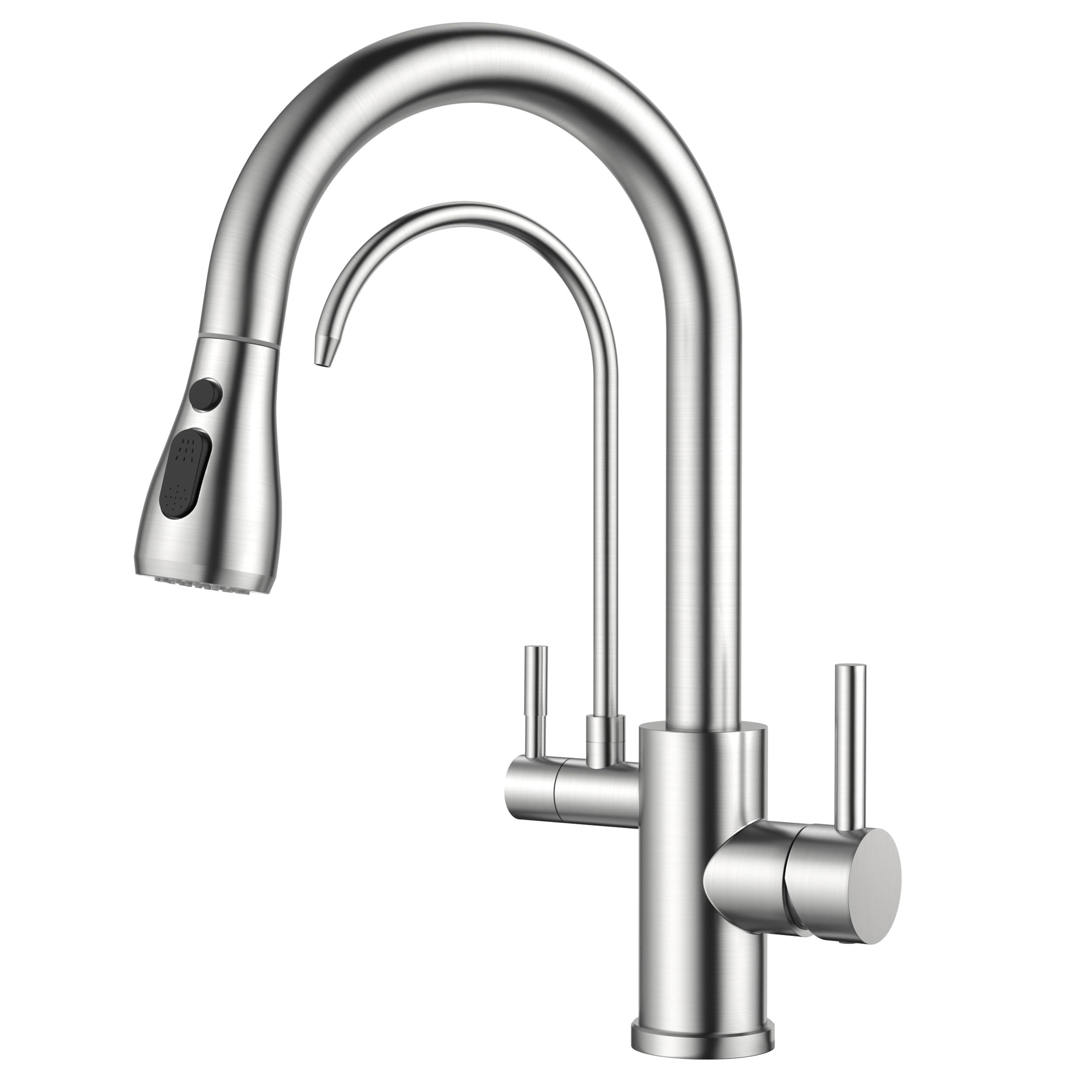 FORIOUS Kitchen Tap, 3 Way Kitchen Tap, 360Β° Swivel High Arc Dual Handle Water Filter Faucet with Pull Out Soray, Stainless Steel