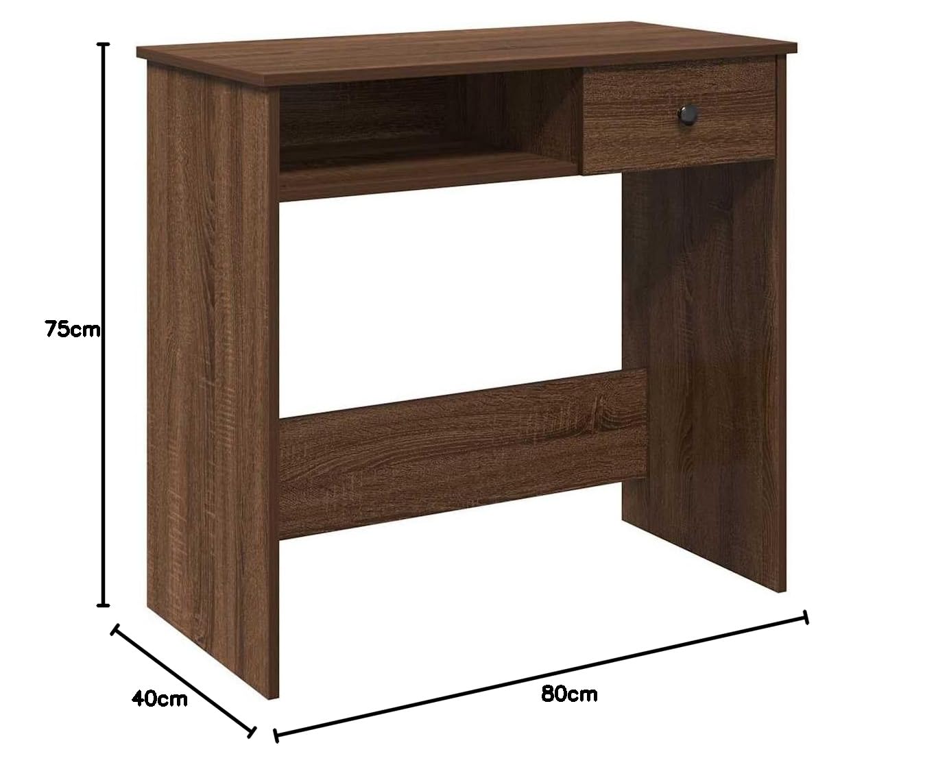 Escritorio con aspecto de roble marrón 80 x 40 x 75 cm, mesa de oficina de material de madera resistente con amplia superficie de trabajo para ordenador, documentos y portátiles, versátil