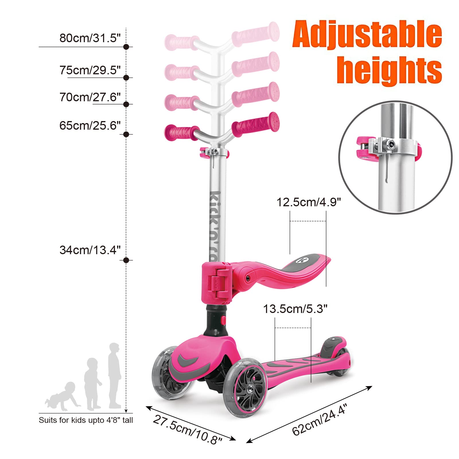 Kicknroll Patinete de 3 Ruedas Luminoso para Niños sin/con Asiento, 4 de Altura Ajustable y Patinete Plegable, Cubierta Extra Ancha, Scooer para Niños Niñas de 2 a 12 Años Soporte de 50 kg