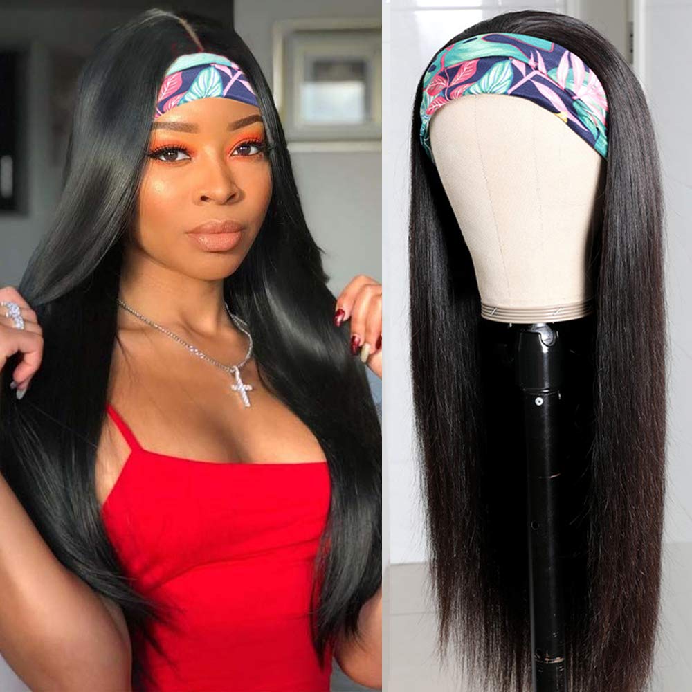 Liwihas Silky Brazilian Virgin Headband Straight Wig Human Hair Wigs 130% Density None Lace Front Wigs Glueless Full Machine Made Wigs Natural Color (26inch, Headband Straight Wigs)