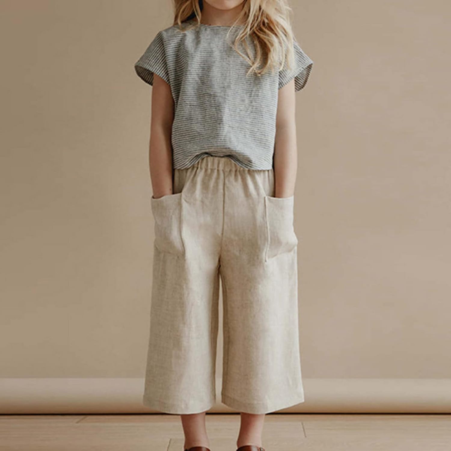 Girls Cotton Linen Wide Leg 𝐂apris Pants Kids Elastic High Waist Baggy Casual Trousers Teen Summer Fashion Loose