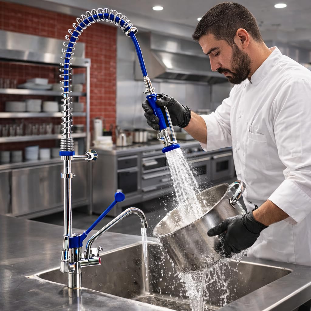 Genebre – Grifo Columna Prelavado Profesional 1707 04 | Grifo Industrial Monomando con Maneta Médica, Ducha Extraíble y Caño Giratorio | Cocina Profesional Hostelería Restaurante | Acero Inoxidable