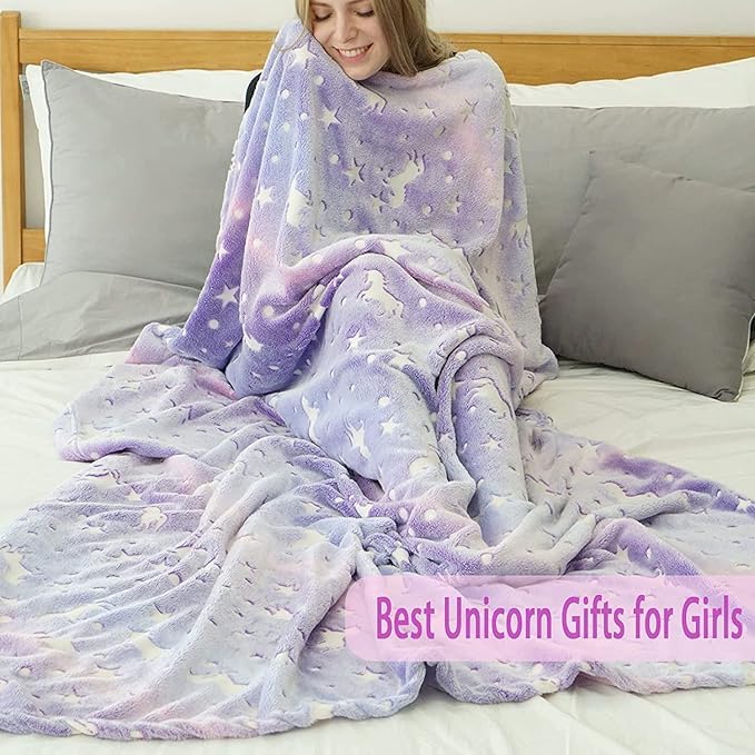 Image of Glow-in-The-Dark Polar Fleece Blanket for Kids - Soft Lightweight Single Bed Blanket (200x152 cm) | All-Season Jacquard Print, Assorted Multicolor - Unicorn Design (Purple)