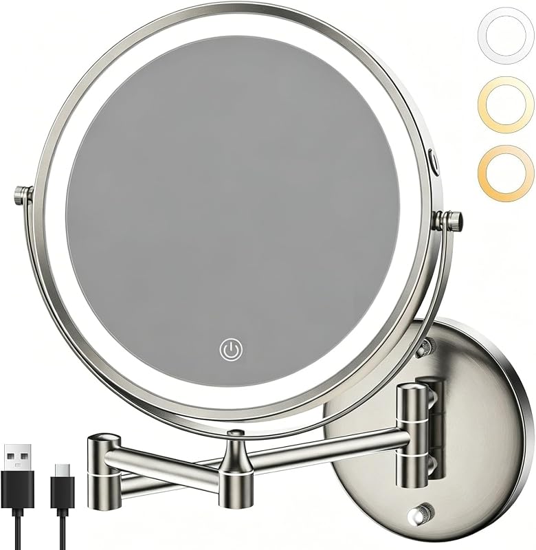 Espelho de maquiagem com iluminação OUTKEIEI para parede, dupla face 1X e 10X, bateria recarregável de 3000 mAh, 3 cores de luz, rotação de 360°, acabamento níquel escovado