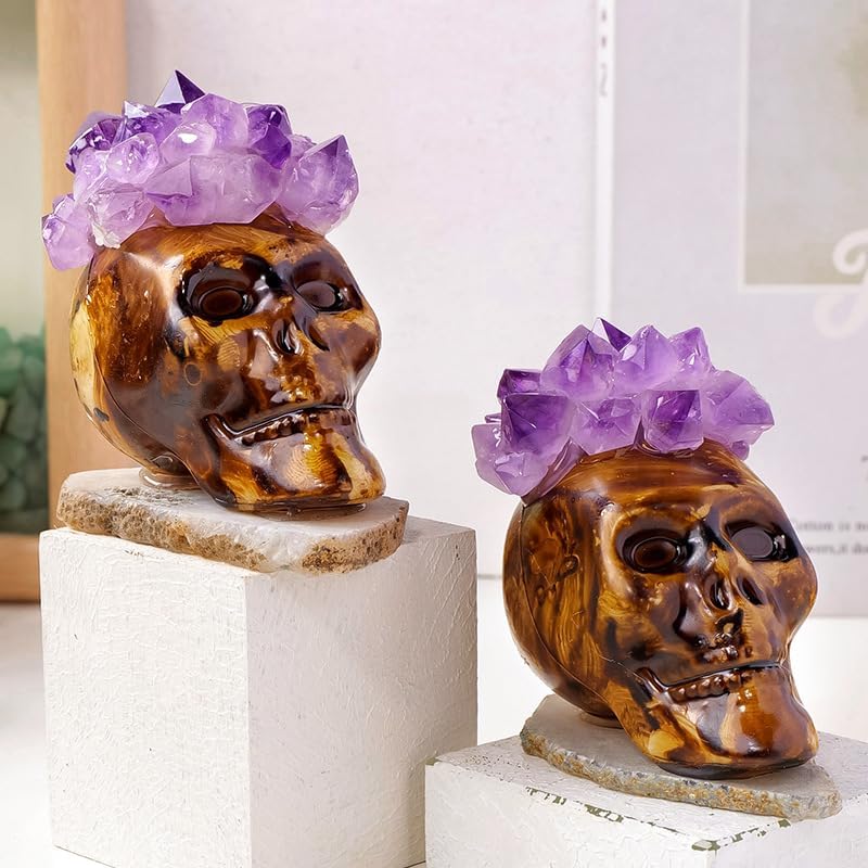 Amethyst Flower Agate Skull Crystal, Handcrafted Skull with Amethyst Cluster, Crystal Decor for and ((Brown))