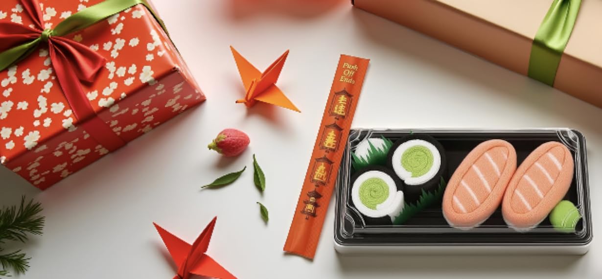 Sushi Socks Box: 2 pairs featuring Salmon Nigiri and Cucumber Maki designs. So cute and comfy! Stretchy, and unisex.