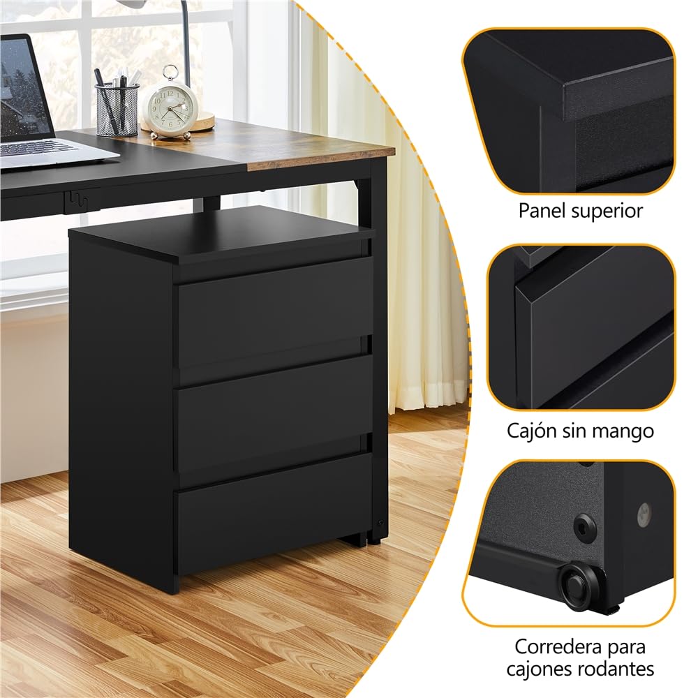 Yaheetech 2X Mesitas de Noche Negras con 3 Cajones Mesas Auxiliares | de Madera Estilo Moderno para Sala de Estar 45 x 35 x 60,5 cm Dormitorio Salón