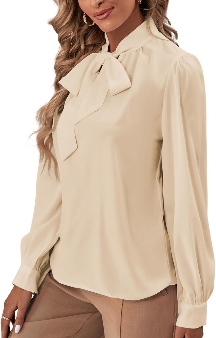 Rooscier Women's Bow Tie Neck Long Sleeve Buttton Cuff Chiffon Elegant Blouse - Image 5