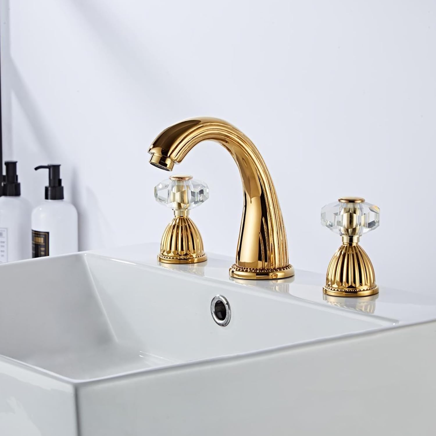 Gold Bathroom Faucet Antique Brass Three Holes Widespread Crystal Handle Bathroom Sink Faucets Retro Vintage Lavatory Vanity Faucet - Image 2