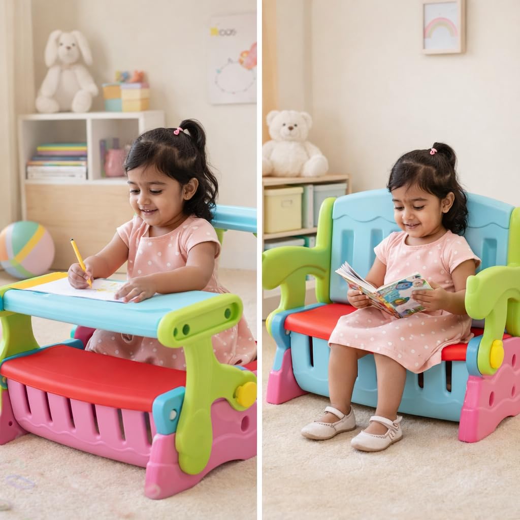 The Tickle Toe 3-in-1 Convertible Kids Bench Table Chair with Storage | Multipurpose Activity Table Set for Study Dining Play | Sturdy Plastic Furniture for Toddlers & Kids | Multicolor-image-30