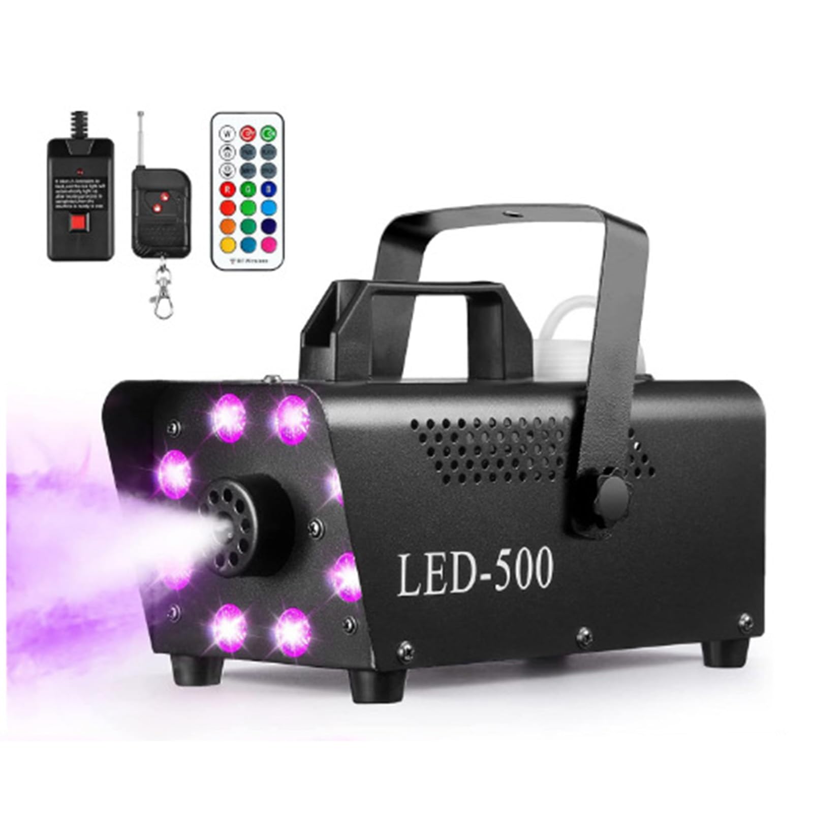 Wytwornica mgły, wytwornica dymu o mocy 500 W z 12-kolorowym efektem RGB, 8 diod LED, mini wytwornica mgły z przewodowym pilotem i dwoma bezprzewodowymi kontrolerami, wytwornica mgły na Halloweenowe