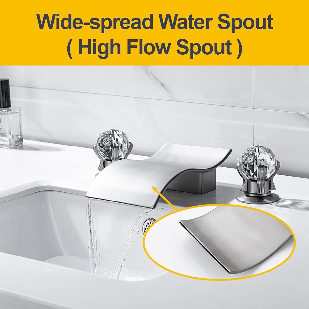 Widespread Bathroom Sink Faucet with Crystal Knob 3 Hole Waterfall Vanity Faucet 8 Inch Crystal Bathroom Faucets Deck Mount Basin Mixer Tap with Hose, Brushed Nickel