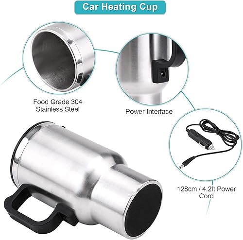 Miniatura 6 de Taza de calefacción para coche de 12 V, 15.2 fl oz, acero inoxidable, caldera de caldera de caldera de caldera portátil para café, té, tazas
