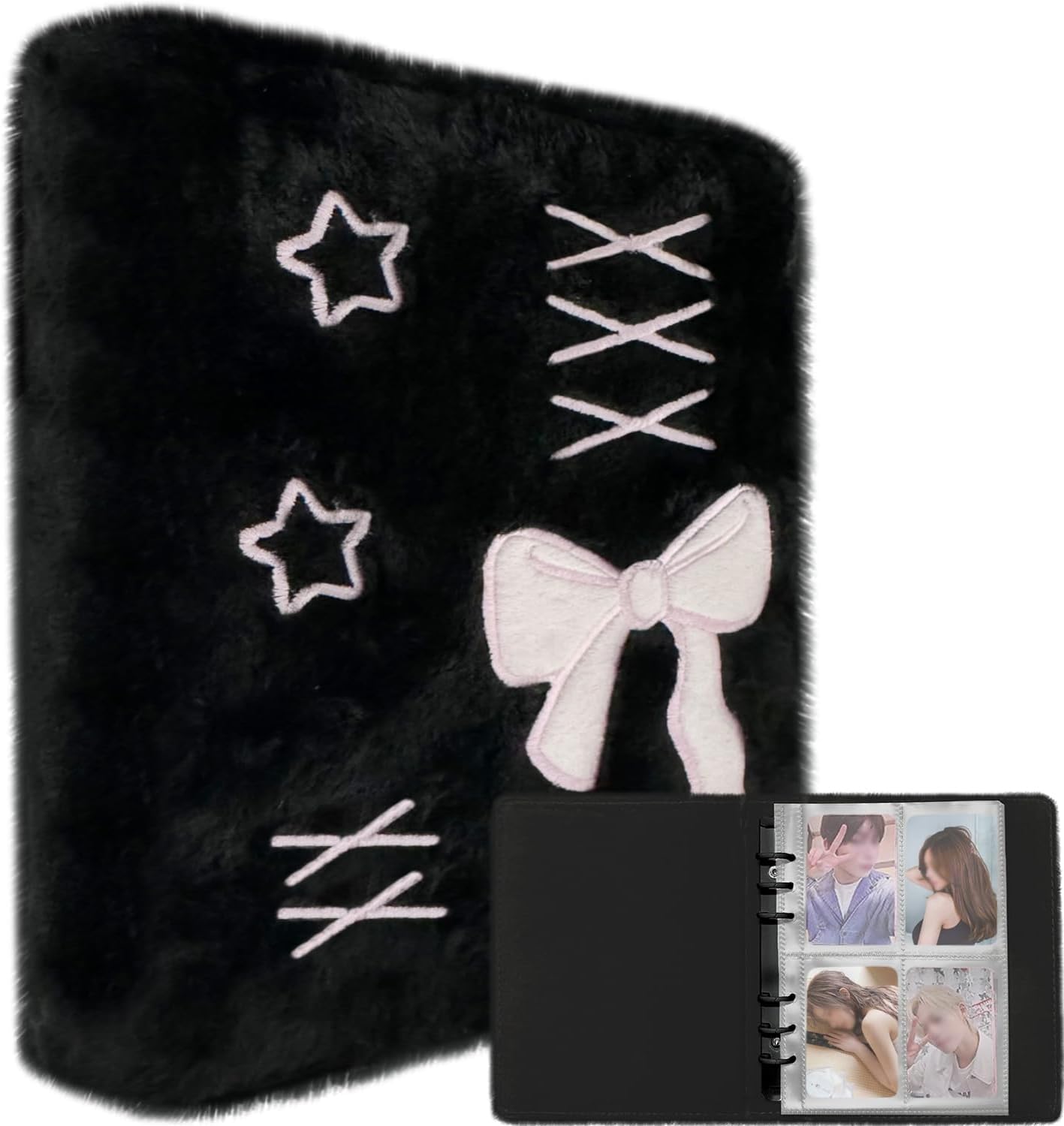 Plush Photocard Binder with 20Pcs Detachable Inner Pages A6 Kpop Photo Album 4-Pocket Double-sided Transparent Pages Kpop Star Card Holder for 3-inch Photo