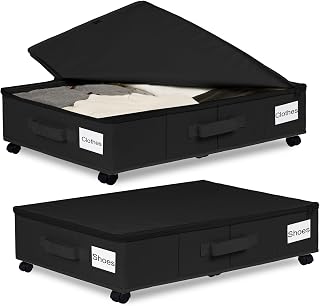 Vincona Under Bed Storage with Wheels, Rolling Under Bed Storage Containers with Label Holders for Clothes, Shoes and Blankets, Underbed Shoe Organizer with Cover, 2 Pack Black (30.71x15.7x7.28 in)