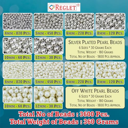 Image of 1800 Pcs Off White & 1800 Pcs Silver Beads for Bracelets Making - Beads for Jewellery Making Kit, Beading, Bead Craft, Pearls for Craft, Crafting, Beadwork - 4, 5, 6, 8, 10, 12MM - 360g