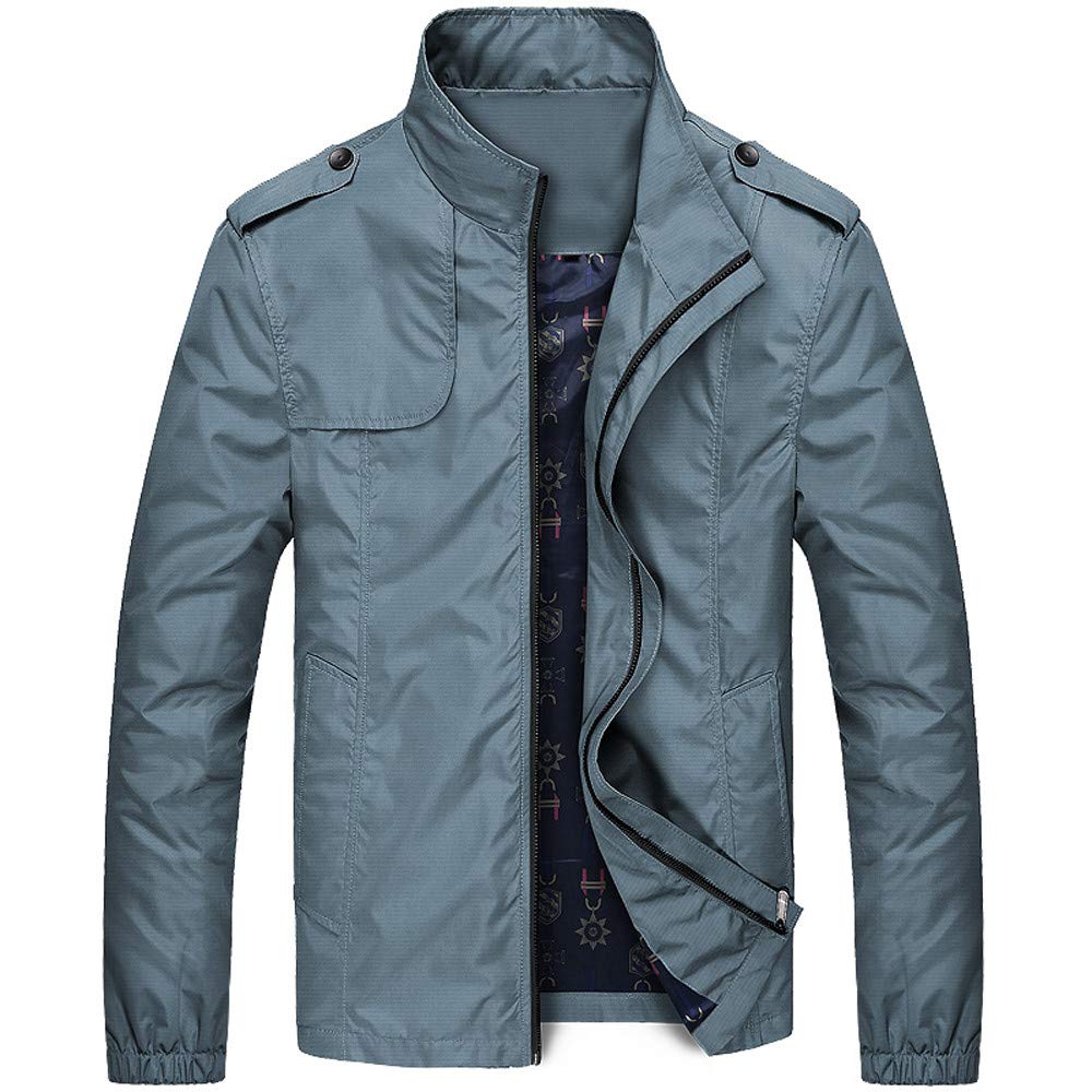 AKIMPE Men's Autumn Winter Casual Zipper Stand Collar Pocket Pure Color Jacket Coat
