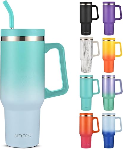 Vaso de 40 onzas con asa y tapa con pajilla, taza de café aislada de acero inoxidable, tapa a prueba de fugas y popote para portavasos de automóvil