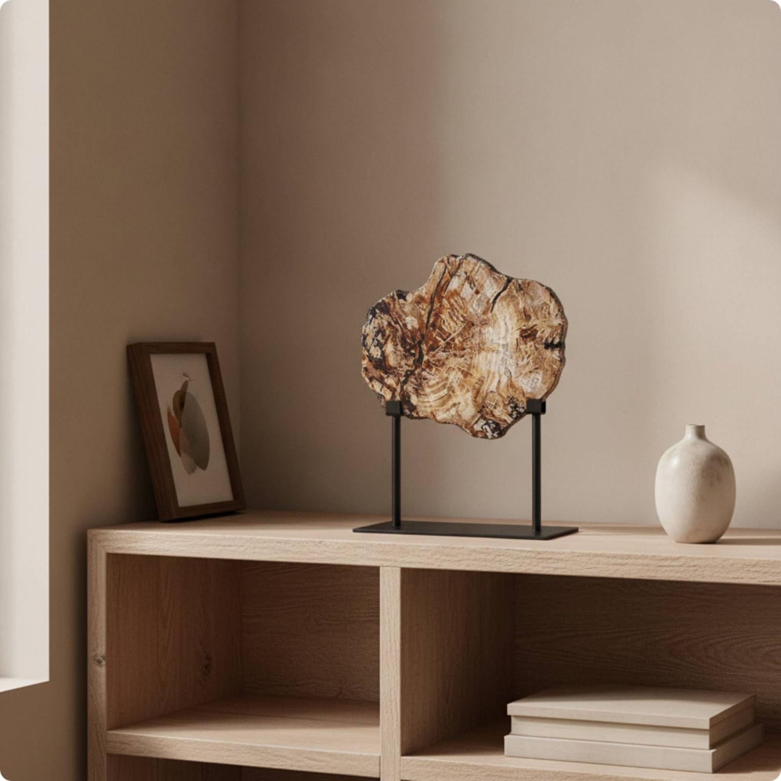 Colcolo Simulador de Fósil Decorativo Escultura en Resina Arte de Madera Petrificada Figura con Doble Soporte Metálico Apariencia Auténtica y Robusta Adecuado