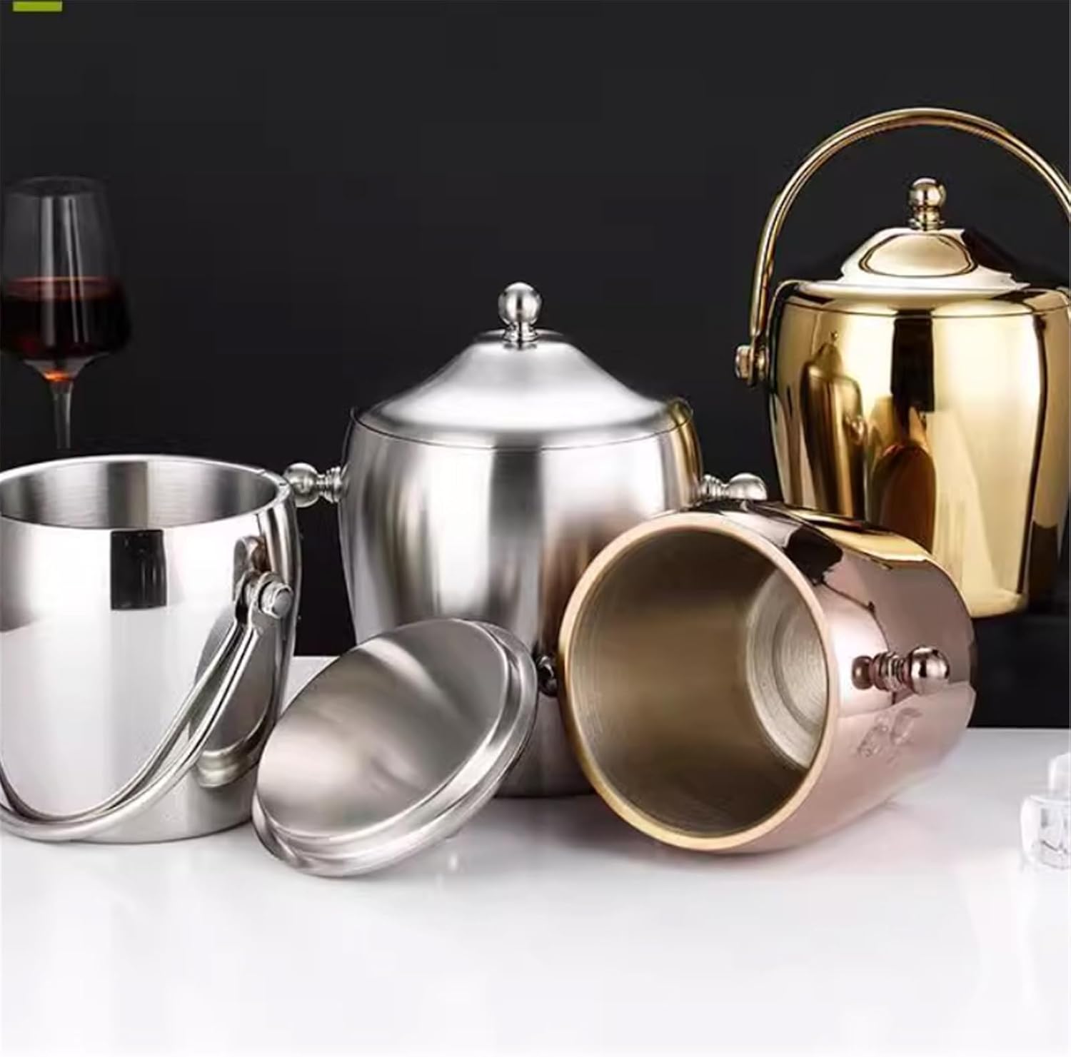 アイスバケツ 1.2L ステンレススチール製アイスバケツ（ハンドル付き）二重層シャンパンバケツ（バーパーティー用） アイスペール(M