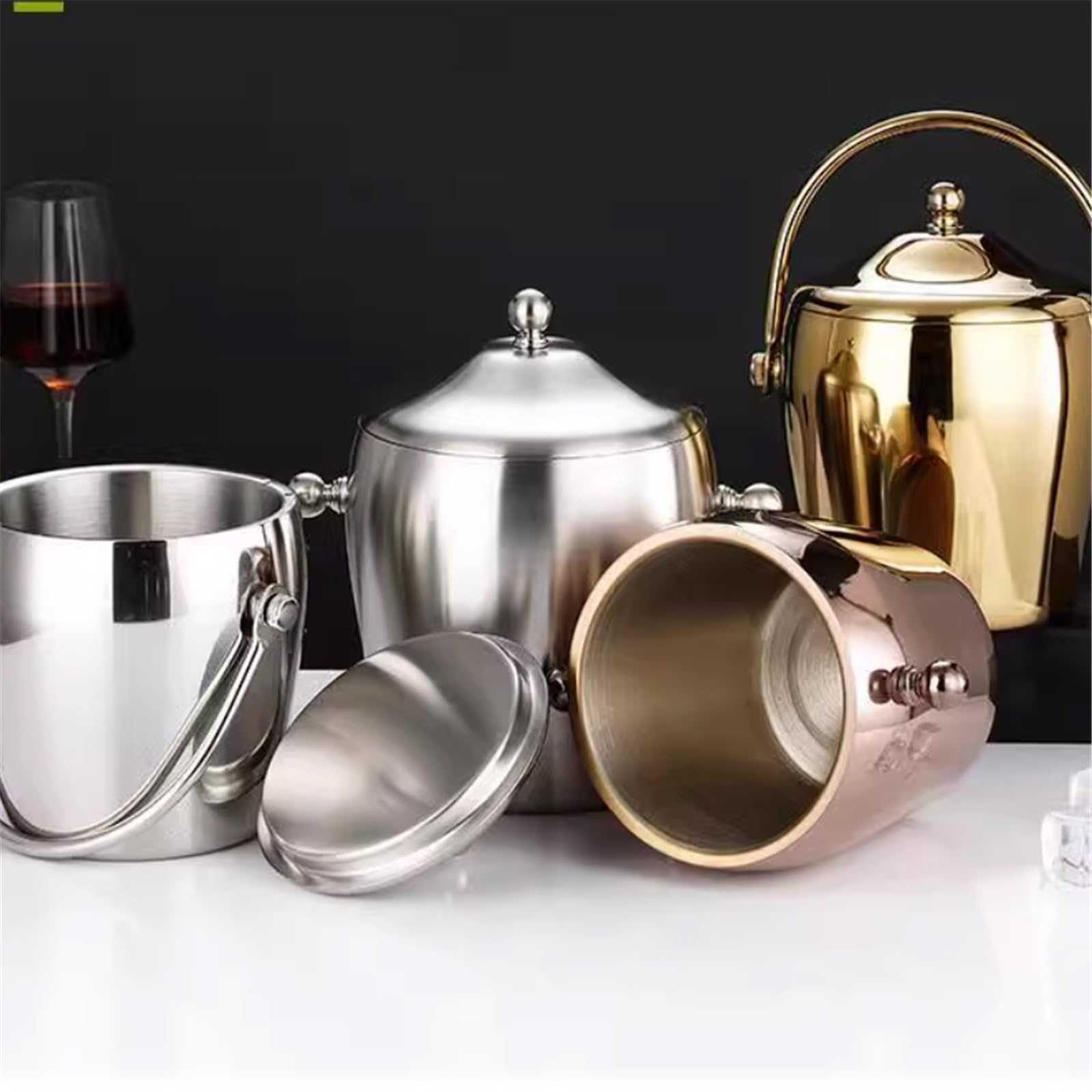 Cubitera Hielo Cubo de hielo acero inoxidable 2 litros con asa doble capa Ice Cube Maker(Silver)