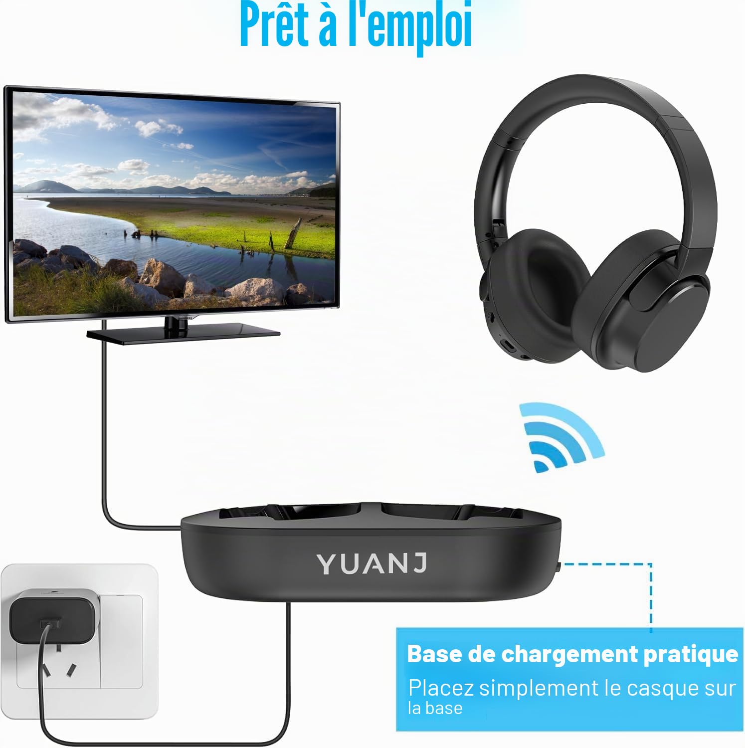 Casque TV sans Fil Bluetooth 5.1 sans Fil pour TV/téléphone/Tablette/PC, 28 Heures d'autonomie Audio, Pas de Retard Audio, Plug and Play