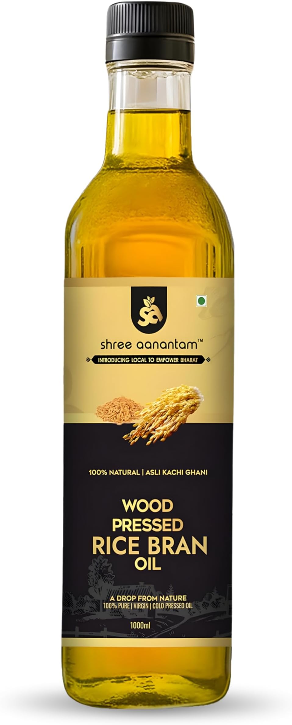 - Shree Aanantam Cold Pressed Rice Bran Oil - 1 Liter | Bottle | Kolhu/Kacchi Ghani/Chekku | 100% Pure & Natural | Chemical-Free | Wood Pressed Rice Bran Oil for Cooking (1l (Pack of 1))