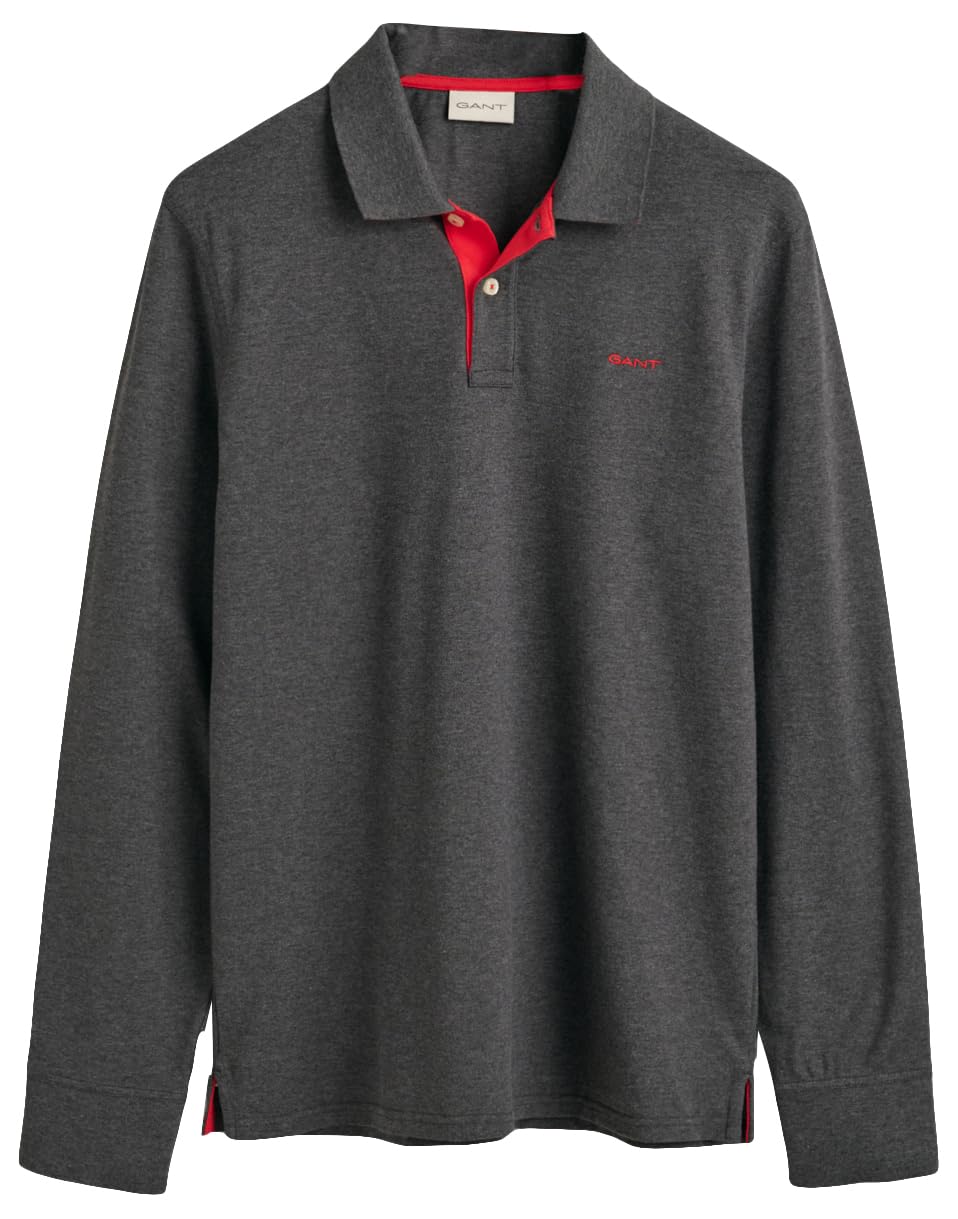 GANT Men's REG Contrast Pique LS Rugger Polo Shirt, Anthracite Melange, Standard, Antracite Melange, XL