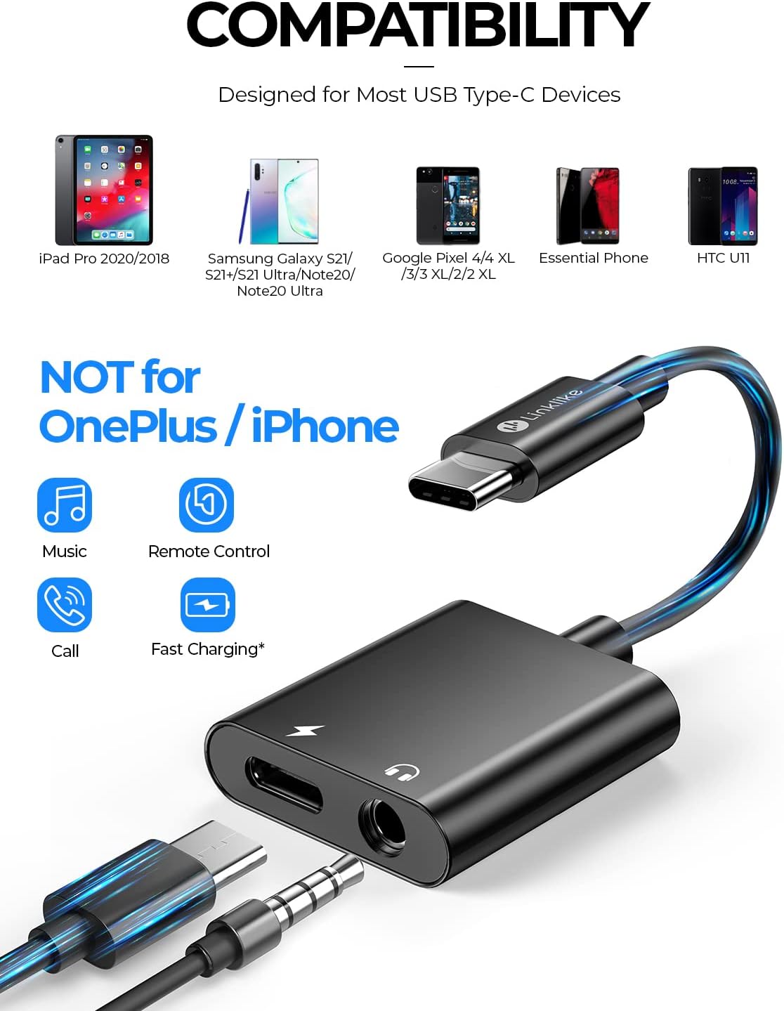 Linklike USB C to 3.5mm Audio Adapter and Charger 2-in-1 Headphone Adapter PD 60W Fast Charging Hi-Res Sound Compatible with Samsung S21 S20 Plus Note10 Google Pixel 5 4 XL iPad Pro 2018 2020 Adapter : Electronics