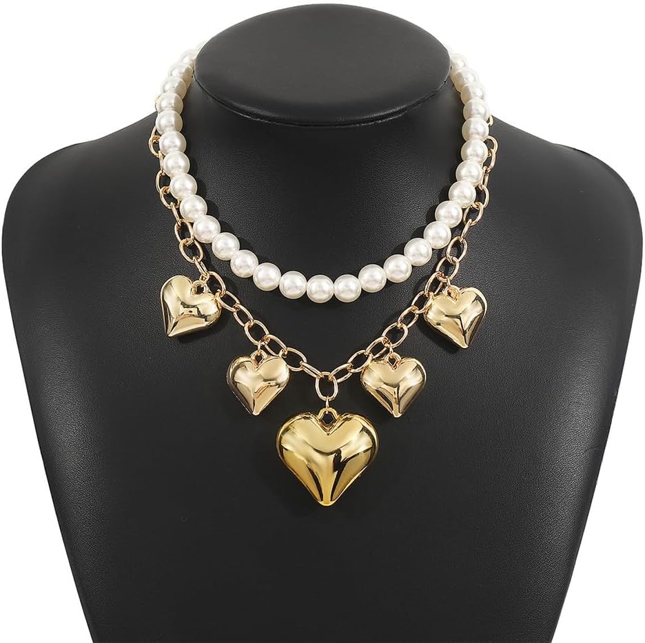 Chunky Gold Heart Necklaces for Women Statement Beaded Pearl Choker Love Hearts Pendant Necklaces Trendy Y2k Layered Chain Party Jewelry Gifts Accessories - Image 9