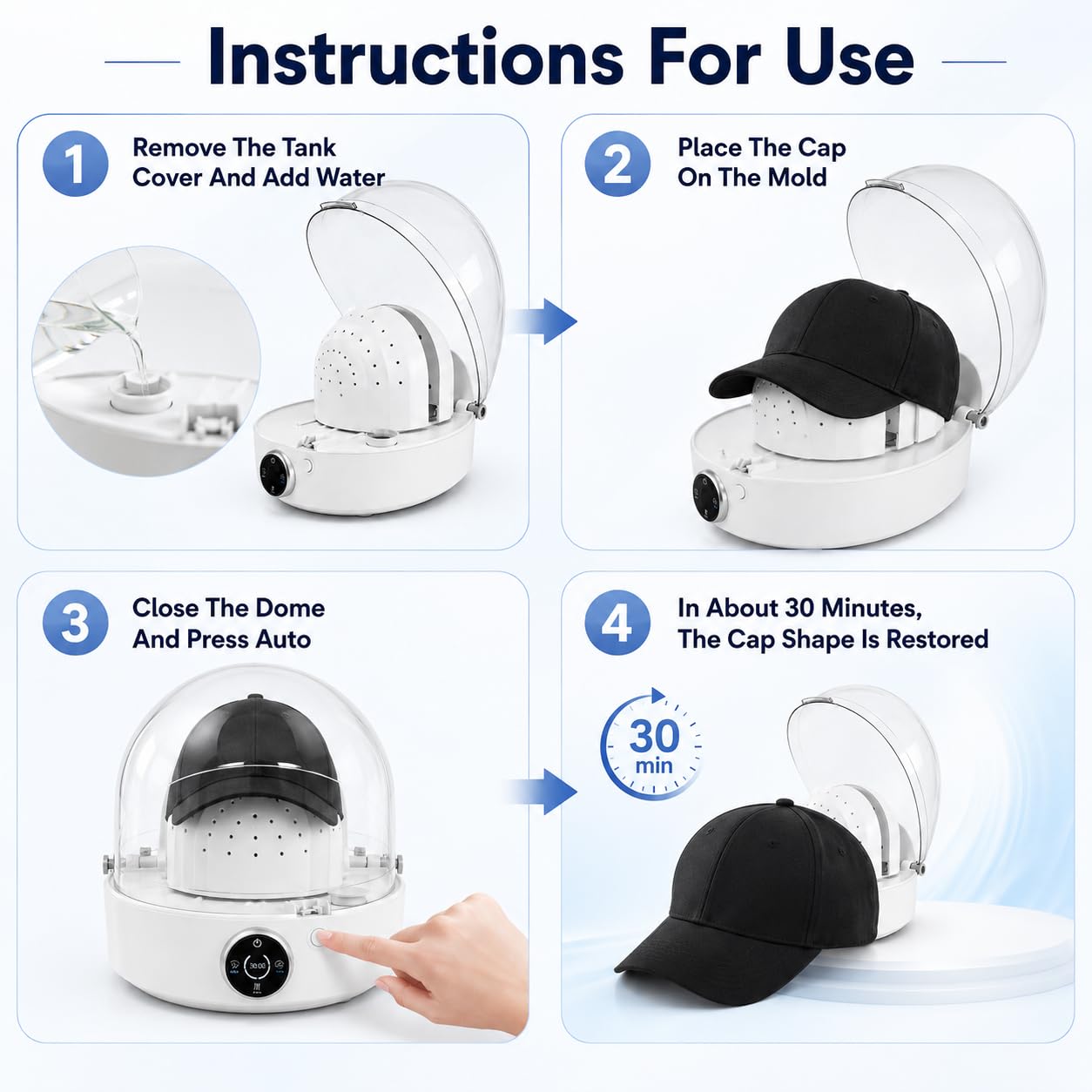 Limpiador y secador automático de sombreros, máquina de cuidado de gorras todo en uno con limpieza a vapor, planchado y secado para sombreros de camionero de béisbol