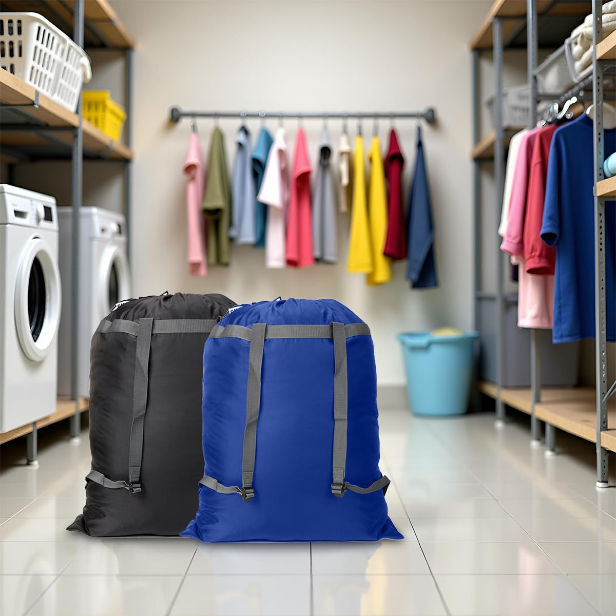 Mochila de lavandería de 27 x 34 pulgadas, resistente con correas de hombro, cierre de cordón, mochila plegable resistente para universidad, viajes, lavandería, apartamento (negro azul)